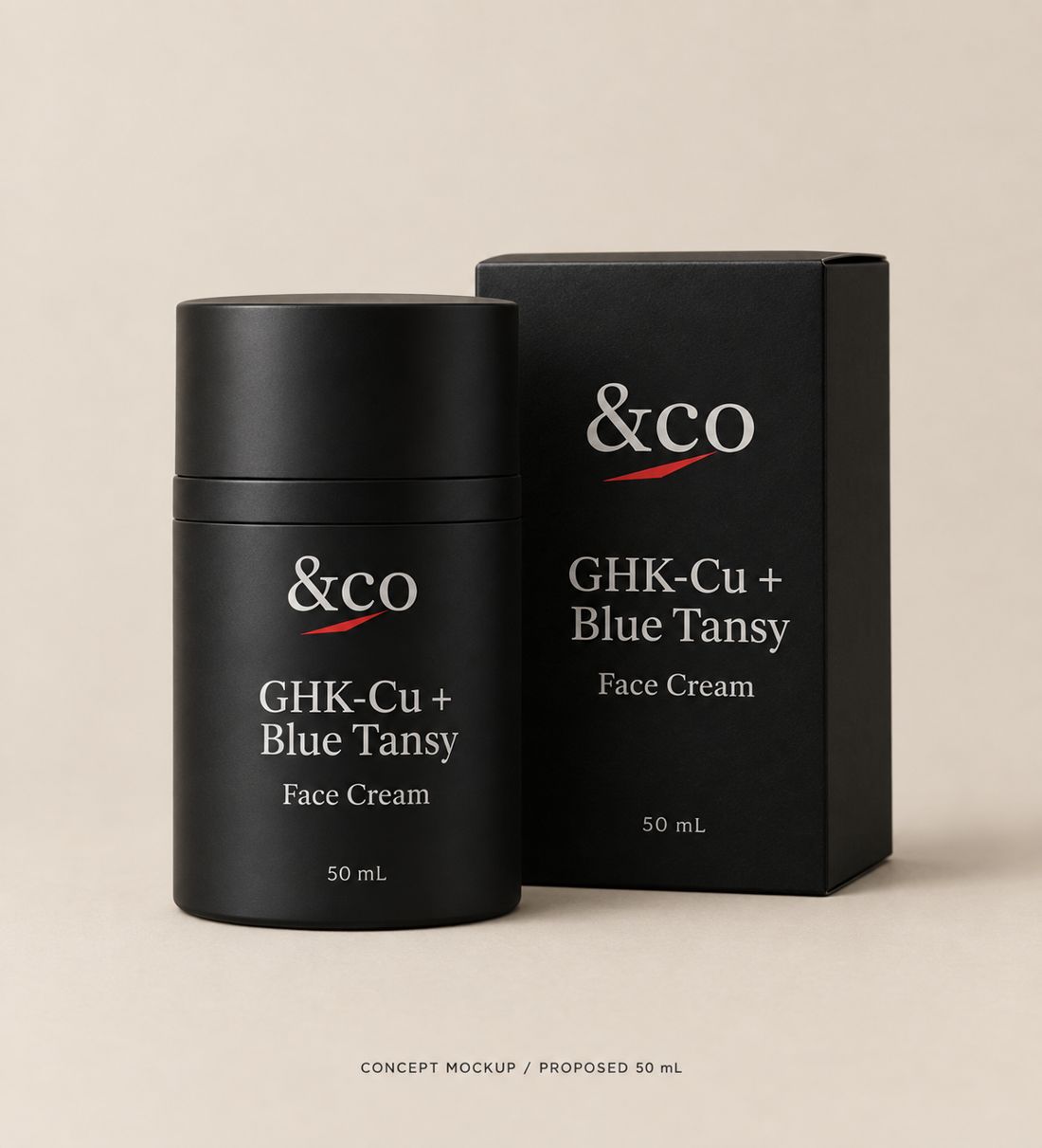 GHK-Cu + Blue Tansy Face Cream concept mockup; proposed 50 mL pack, not a production label