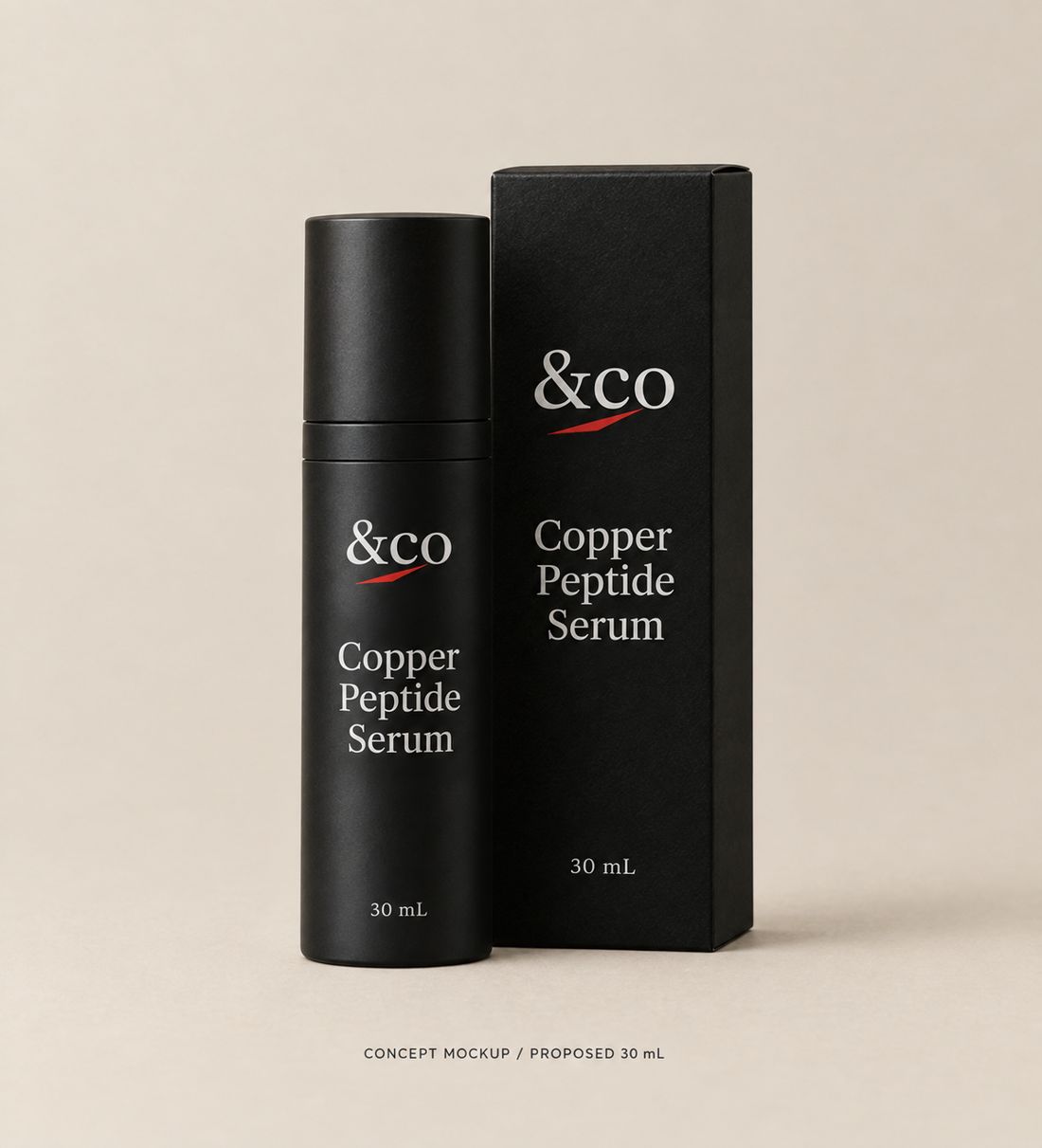 &co Copper Peptide Serum packaging concept mockup. Proposed pack size only; final formula, fill, label and component approval pending.
