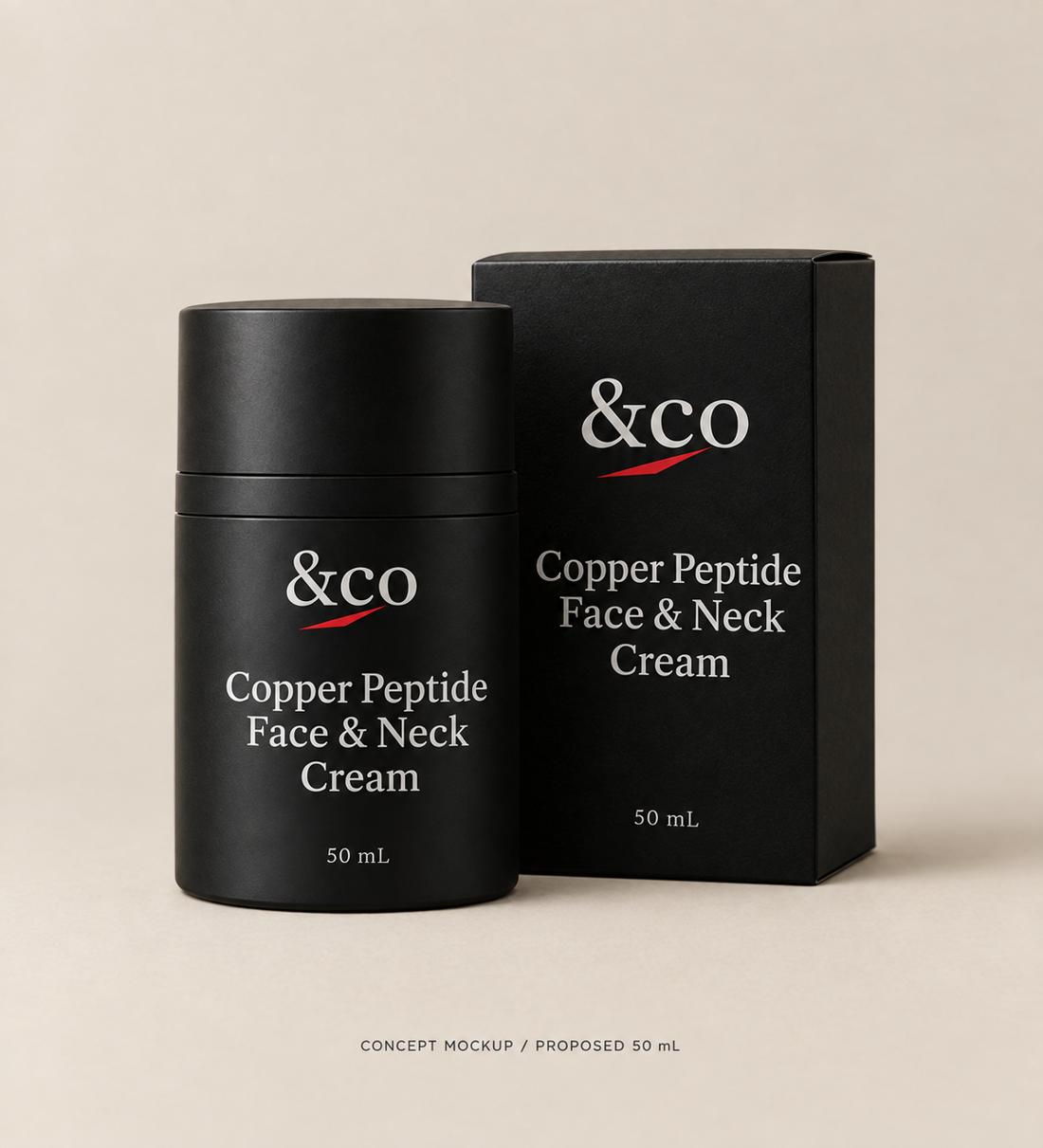 &co Copper Peptide Face & Neck Cream packaging concept mockup. Proposed pack size only; final formula, fill, label and component approval pending.