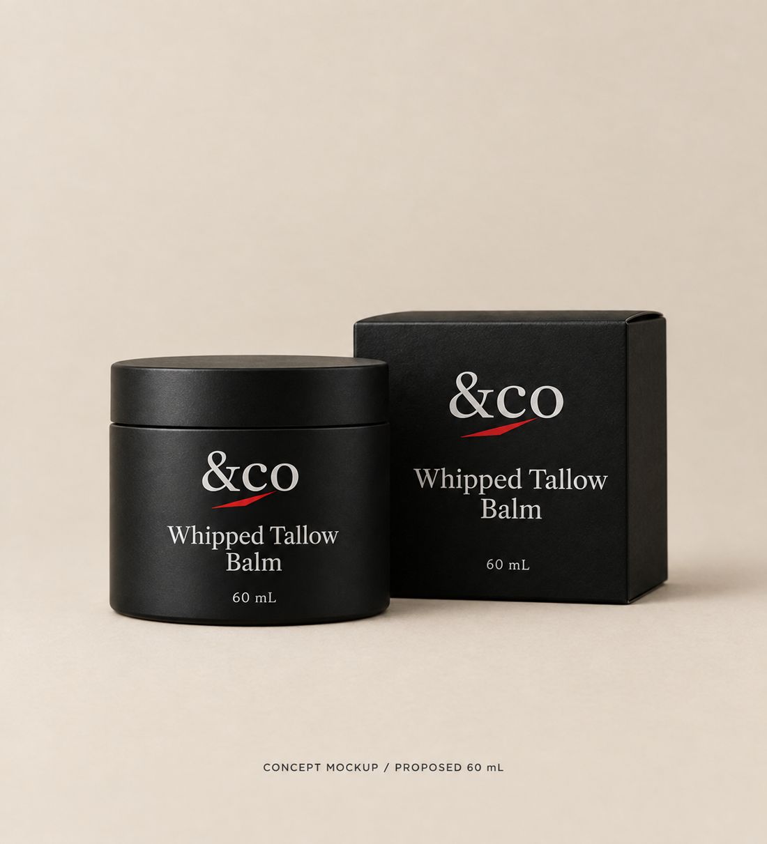 &co Whipped Tallow Balm packaging concept mockup. Proposed pack size only; final formula, fill, label and component approval pending.