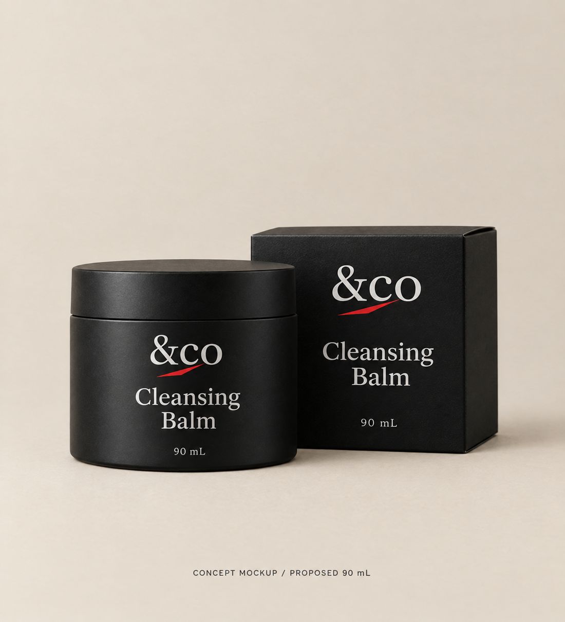 &co Cleansing Balm packaging concept mockup. Proposed pack size only; final formula, fill, label and component approval pending.