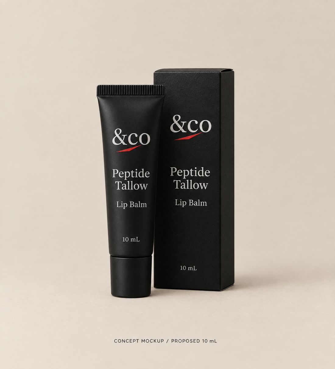 &co Peptide Tallow Lip Balm packaging concept mockup. Proposed pack size only; final formula, fill, label and component approval pending.